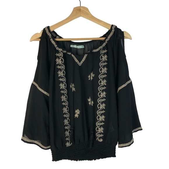 Maurices Black & Brown Embroidered Cold Shoulder Long Sleeve Blouse XS - Picture 1 of 4